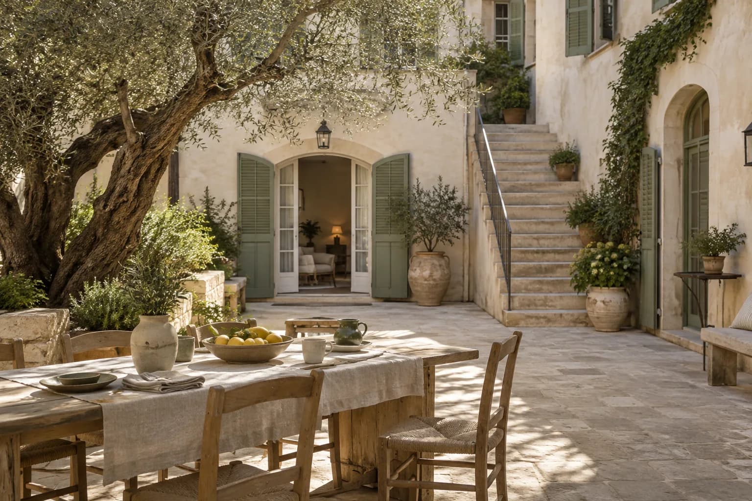 Cortile mediterraneo con ulivo, persiane salvia e tavolo pronto per accogliere gli ospiti