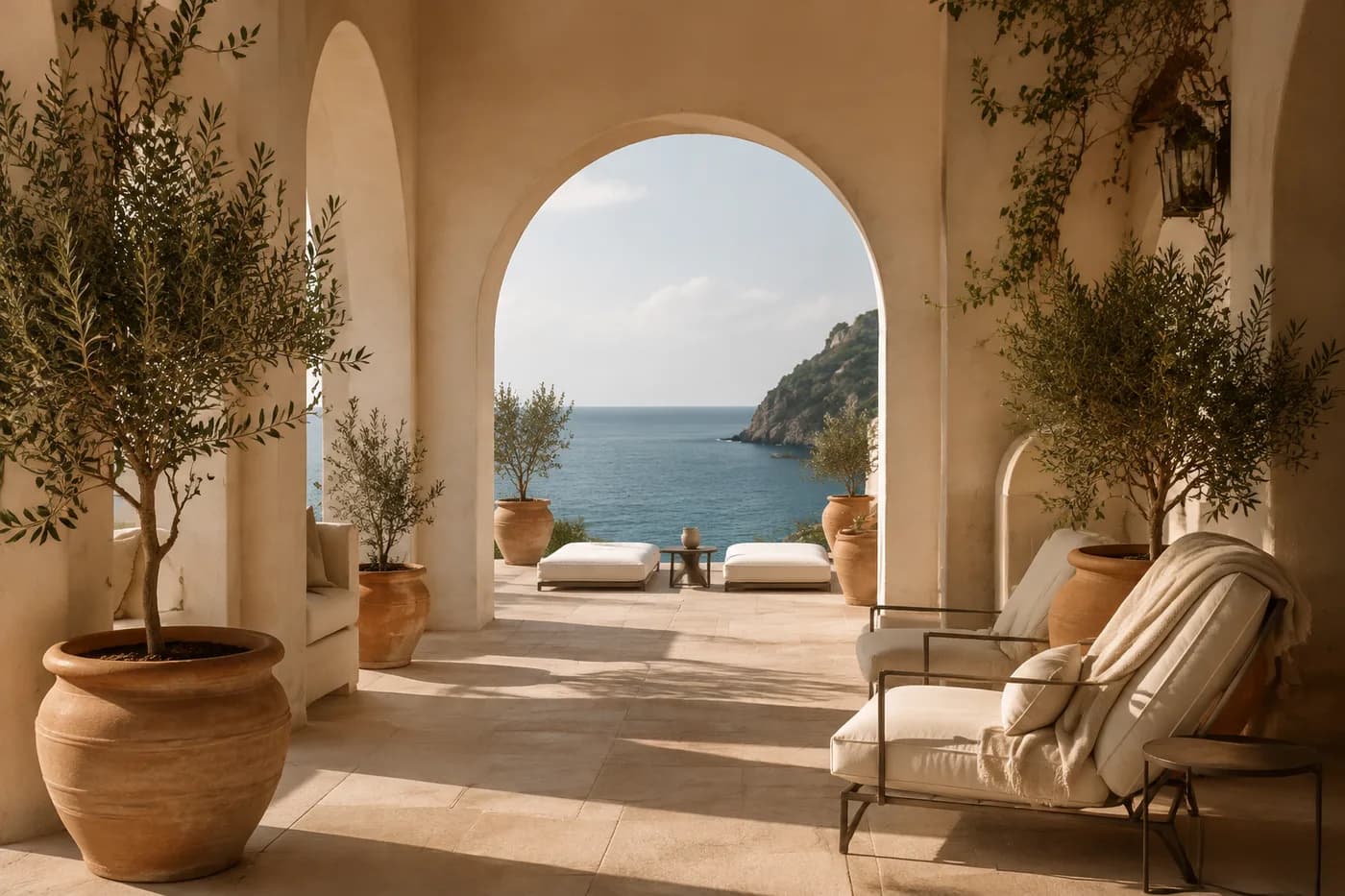 Terrazza di un boutique hotel mediterraneo affacciata sul mare