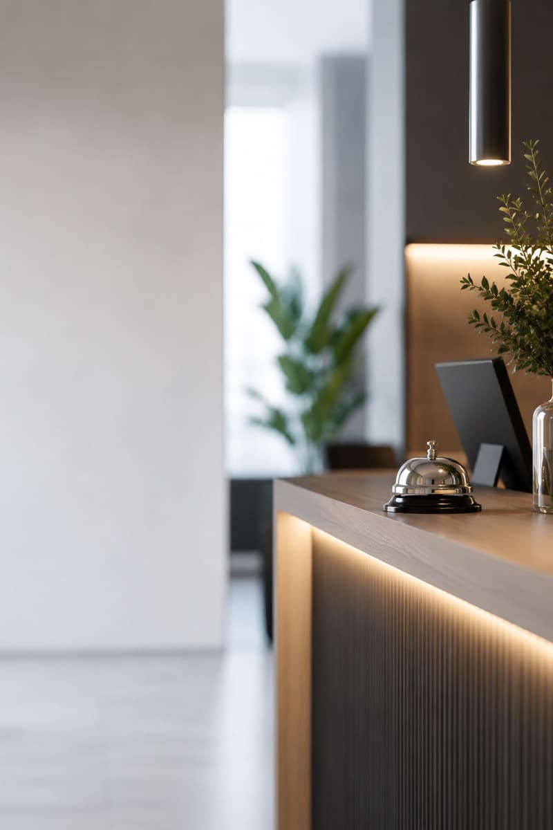 Bancone di una reception con campanello e dettagli in legno